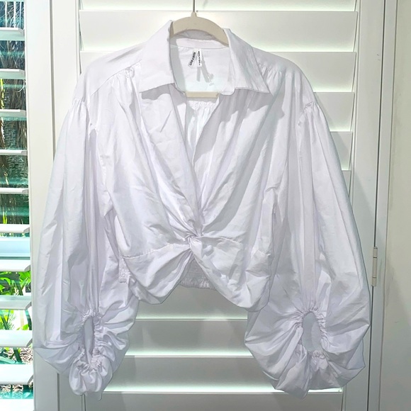 Boho white cropped shirred waist poet sleeve blouse - Picture 1 of 10